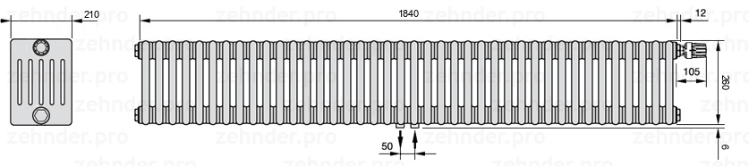 Схема (чертеж) Радиатор Zehnder Charleston 6026/40 №V008 Белый глянцевый RAL 9016
